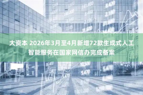 大资本 2026年3月至4月新增72款生成式人工智能服务在国家网信办完成备案